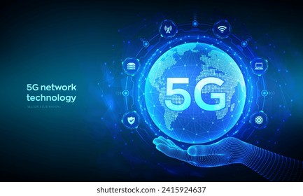 5G network wireless systems and internet of things technology concept. Smart city communication network. 5G wireless mobile internet wifi connection. Earth planet globe in hand. Vector Illustration.