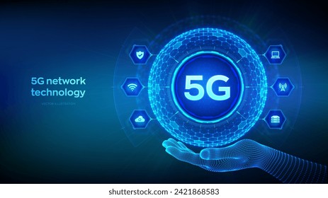 Sistemas inalámbricos de red 5G, Internet de cosas concepto de tecnología en forma de esfera con patrón de rejilla hexagonal en mano de wireframe. Conexión inalámbrica a internet móvil 5G. Ilustración vectorial.