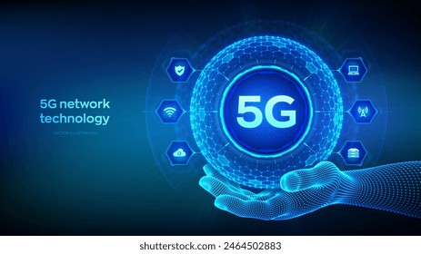 5G-Netzwerk drahtlose Systeme, Internet of Things Technologie Konzept in Form von Kugel mit Sechseck Gitter Muster in Drahtgitter Hand. 5G drahtlose mobile Internet-WiFi-Verbindung. Vektorillustration.