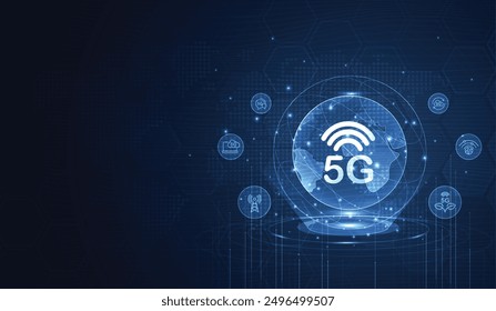 5G Netzwerk Wireless-Systeme und Internet-Technologie-Konzept. intelligentes Stadtkommunikationsnetz. 5G drahtlose mobile Internet WiFi-Verbindung Datenkonzept. Vektor.