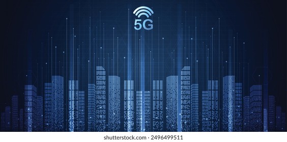 5G Netzwerk Wireless-Systeme und Internet-Technologie-Konzept. intelligentes Stadtkommunikationsnetz. 5G drahtlose mobile Internet WiFi-Verbindung Datenkonzept. Vektor.