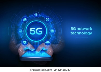 5G network wireless systems. IOT Smart city communication network. 5G wireless mobile internet wifi connection concept. Smartphone in hands. Using smartphone. Vector illustration.