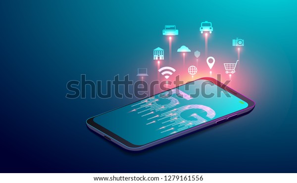 5G\
network wireless systems, smart city and internet of things concept\
with  icons on smartphone\'screen. vector\
illustration.
