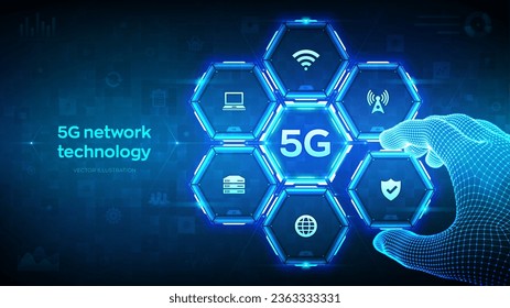 concepto de tecnología de sistemas inalámbricos de red 5G. Ciudad inteligente. IOT. Conexión inalámbrica a Internet móvil 5G. La mano del marco de cables coloca un elemento en una composición que visualiza 5G. Ilustración vectorial.