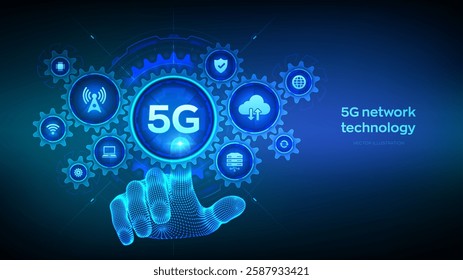 5G network wireless systems technology concept. Smart city. IOT. 5G mobile internet wifi connection. Wireframe hand touching digital interface with connected gears cogs and icons. Vector illustration.