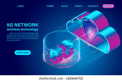 5G network wireless technology communication and cloud computing. Isometric flat design vector illustration