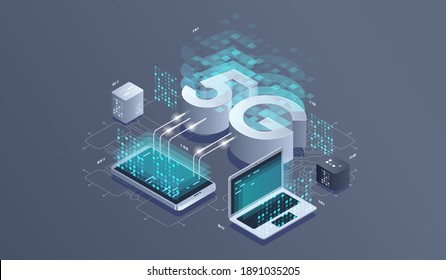 5G network wireless technology. Communication network, Business isometric concept.