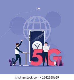 5G network wireless technology concept. People with smartphone and laptop use high-speed Internet. vector illustration
