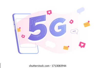 5G network wireless technology concept. A big 5G sign popping out smartphone. High speed mobile internet connection. New 5th generation of internet. Social media. Isolated vector, web illustration
