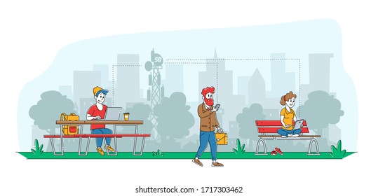 5g Network Wireless Technology Concept. People at Transmission Tower Using High-speed Mobile Internet at Modern Digital Devices Male and Female Characters with Gadgets. Linear Vector Illustration
