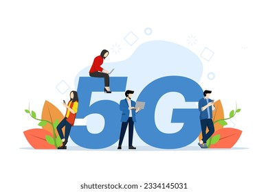 5G network wireless technology concept. People standing and sitting near big 5G sign and using smartphone gadgets. High speed mobile internet connection. Innovation. flat vector illustration.