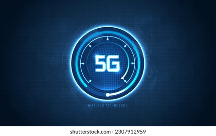 Transmisión de datos de tecnología inalámbrica de red 5G. concepto de medidor de velocidad digital con icono 5G. Internet de alta velocidad en red abstracta. diseño vectorial. 