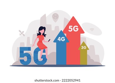 5G network wireless technology. Girl with smartphone using high speed mobile internet for working and communication cartoon vector illustration