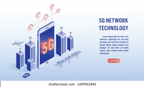 5G network wireless technology, high-speed internet concept. Smart city, intelligent building, car, airplane, train and big letters 5g on screen mobile and related icon. Isometric vector illustration.