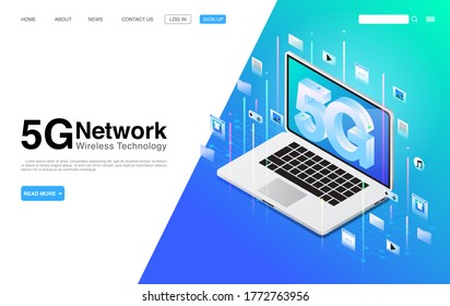 5G Network Wireless Technology. High-Speed Internet. Using Modern Digital Devices. Landing Page Template. Vector EPS 10