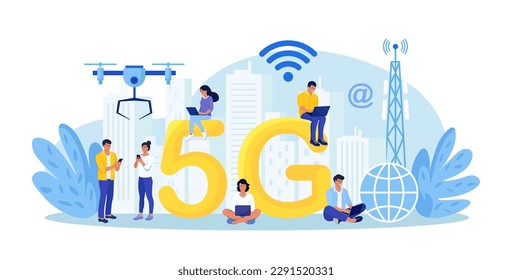 5G-Netzwerk-Wireless-Technologie. Mobile High-Speed-Internet. Menschen, die Netze der neuen Generation für die Kommunikation durch Gadgets nutzen. Charaktere in der Nähe des Big 5G Signs. Drahtloser mobiler Telekommunikationsdienst