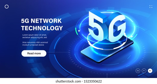 5G network wireless technology illustration. Mobile internet of next generation. Isometric futuristic hi-tech smartphone with big letters. Web page design template