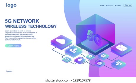 5G network wireless technology illustration. Mobile internet of next generation. Web page design template. Box, button, icon for website. Isometric vector illustration