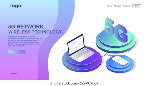 5G network wireless technology illustration. Mobile internet of next generation. Web page design template. Box, button, icon for website. Isometric vector illustration