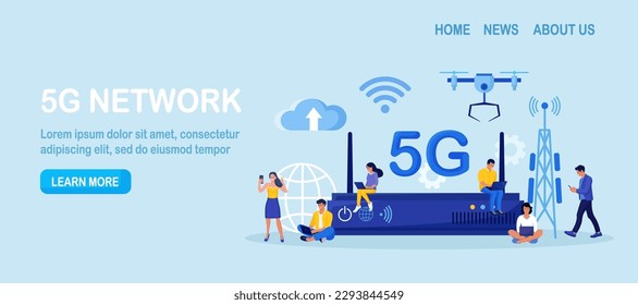 5G network wireless technology to increase speed, internet connection stability. Wifi router, wireless access point. High-speed mobile Internet. People with smartphones use new generation networks