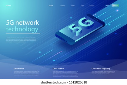 5G network wireless technology. Isometric futuristic hi-tech smartphone with big letters. Landing page design for wireless technology 5g. 5G network wireless with high speed connection.