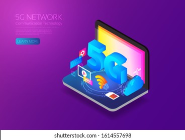 5G network wireless technology, Isometric computer with gadget