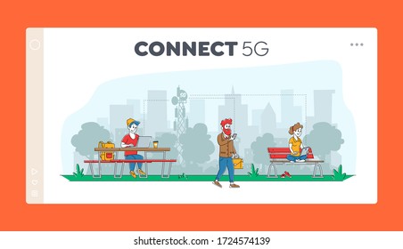 5g Network Wireless Technology Landing Page Template. People at Transmission Tower Using High-speed Mobile Internet at Modern Digital Devices Characters with Gadgets. Linear Vector Illustration
