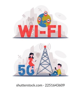 5G Network Wireless Technology with Man and Woman Using High-speed Internet Vector Set