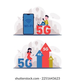 5G Network Wireless Technology with Man and Woman Using High-speed Internet Vector Set