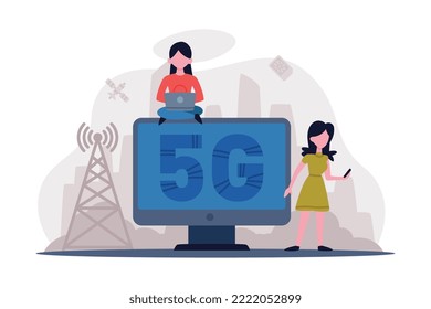 5G network wireless technology. Small people characters using high speed internet for working, online gaming and communication cartoon vector illustration