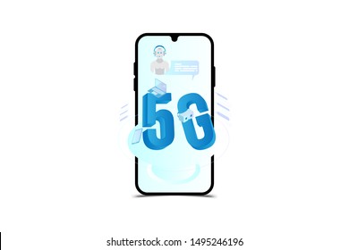 5G network wireless technology. Smartphone with Isometric laptop and icon chatbot. Next generation high speed internet. Flat vector illustration EPS 10