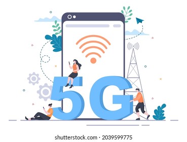 Teléfono inteligente de tecnología inalámbrica de red 5G con torre de transmisor configurado Internet móvil de alta velocidad para comunicaciones y gadgets. Ilustración de vectores de fondo