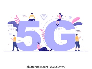 5G Netzwerk Wireless Technology Smartphone mit Transmitter Tower Einrichten High-Speed Mobile Internet für Kommunikation und Gadgets. Vektorgrafik im Hintergrund