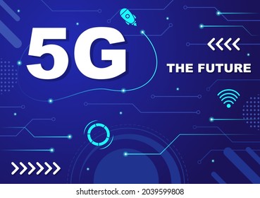 Teléfono inteligente de tecnología inalámbrica de red 5G con torre de transmisor configurado Internet móvil de alta velocidad para comunicaciones y gadgets. Ilustración de vectores de fondo