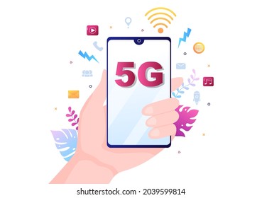 5G Network Wireless Technology Smartphone with Transmitter Tower Set Up High-Speed Mobile Internet for Communication and Gadgets. Background Vector Illustration
