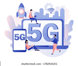 5G network wireless technology. Tiny people use gadgets with letters 5g on screen. Sim card high-speed Internet. Modern flat cartoon style. Vector illustration on white background