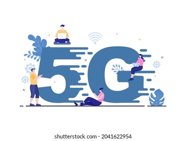 5G Network Wireless Technology with Transmitter Tower Set Up High-Speed Mobile Internet for Communication and Gadgets. Background Vector Illustration