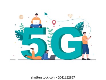 5G Network Wireless Technology with Transmitter Tower Set Up High-Speed Mobile Internet for Communication and Gadgets. Background Vector Illustration