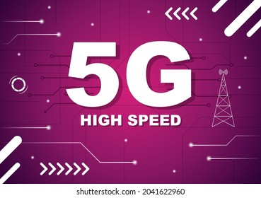 5G Network Wireless Technology with Transmitter Tower Set Up High-Speed Mobile Internet for Communication and Gadgets. Background Vector Illustration