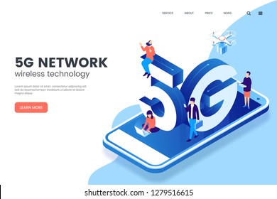 5G network wireless technology vector illustration. Isometric smartphone with big letters 5g and tiny people. High-speed mobile Internet. Using modern digital devices. Web page template.