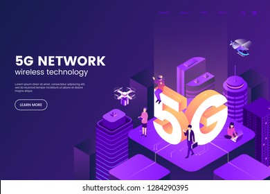 5G network wireless technology vector illustration. Isometric smart city with big letters 5g and tiny people. Modern city connected to global network. Internet in urban environment. Eps 10.