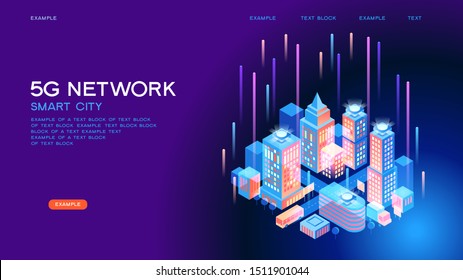 5G network wireless technology  vector concept. High-speed mobile Internet. Using modern digital devices. Smart city or intelligent building isometric. 3d isometric vector illustration.