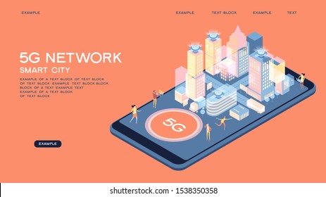 5G network wireless technology  vector concept. High-speed mobile Internet. Using modern digital devices. Smart city or intelligent building isometric. 3d isometric vector illustration.