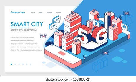 5G network wireless technology vector illustration. Isometric smart city with big letters 5g and tiny people. Modern city connected to global network. Internet in urban environment.