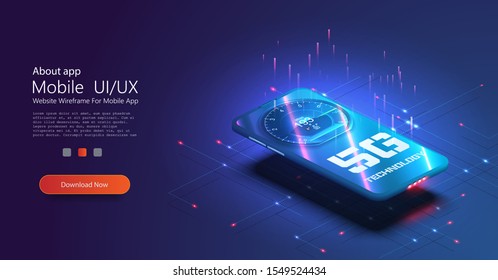 5G network wireless technology vector illustration. Isometric smartphone with big letters 5g and speed test. High-speed mobile Internet. Using modern digital devices. Web page template. Blue color.