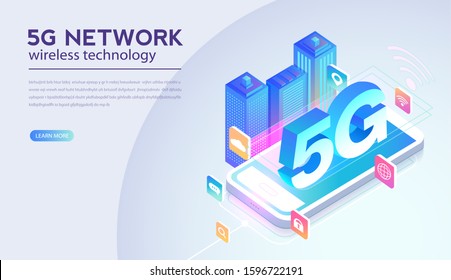 5G network wireless technology vector illustration. High-speed mobile internet of next generation. Using modern digital devices. Web page design template.