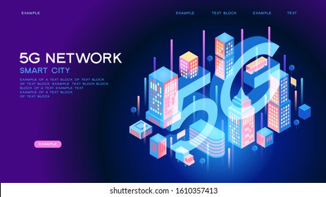 5G network wireless technology  vector concept. High-speed mobile Internet. Using modern digital devices. Smart city or intelligent building isometric. 3d isometric vector illustration.