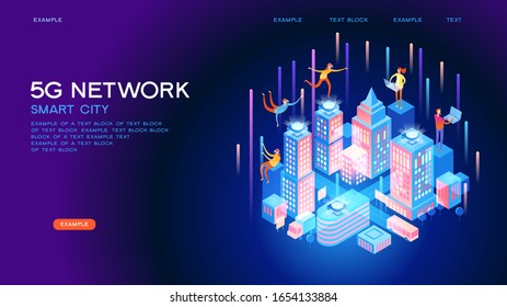 5G network wireless technology  vector concept. High-speed mobile Internet. Using modern digital devices. Smart city or intelligent building isometric. 3d isometric vector illustration.