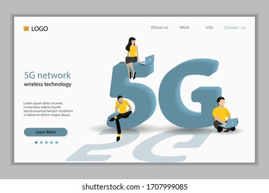 5G network wireless technology vector illustration. Addicted to networks people concept illustration of young men and women using high speed wireless connection 5G.
