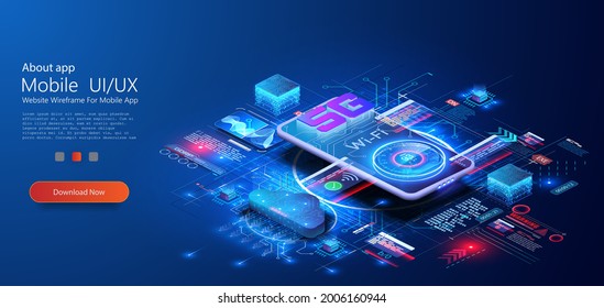 5G network wireless technology vector illustration. Isometric smartphone with big letters 5g and speed test. Modern mobile communication technology background. Web page template. Blue color. Wifi 6